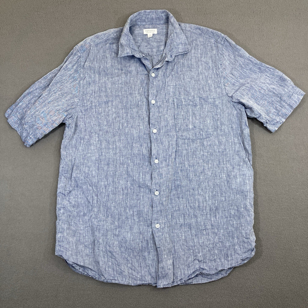Sunspel 100% Linen Short Sleeve‎ Button Down Shirt Men’s Medium Blue Pocket